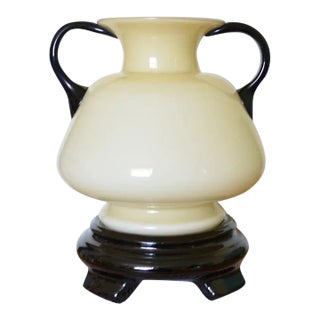 1920s Czechoslovakia Kralik Glass Ivory Jug Urn Vase With Applied Handles and Detached Pedestal Base Art Deco / Nouveau Tango For Sale