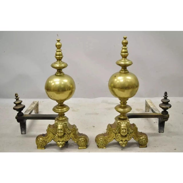 Vintage "Beethoven" French Rococo Brass Cannonball Fireplace Andirons - Pair. Item featured is marked, "GF" with ornate...