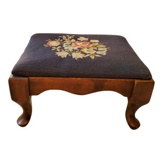 Vintage Petite Blue Floral Needlepoint Footstool For Sale