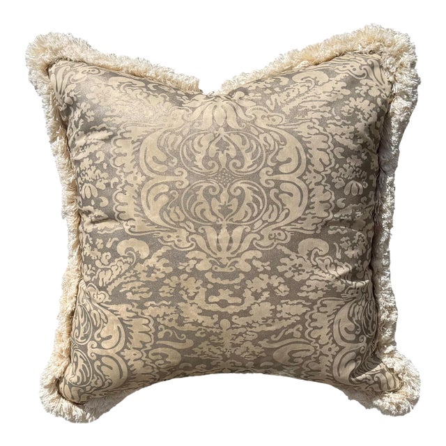 Mariano Fortuny Silver & Beige Damask Designer Pillow - 1 of 2 For Sale