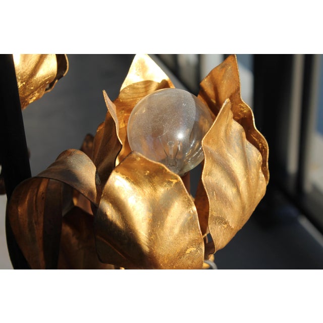 Metal Mid-Century Modern Tall Gilt Tole Maison Charles 5 Light Open Lotus Bud Lamp For Sale - Image 7 of 13