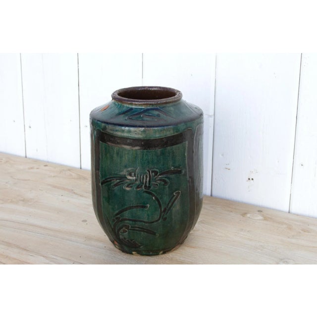 Asian Vintage Emerald Green Glazed Vase For Sale - Image 3 of 8