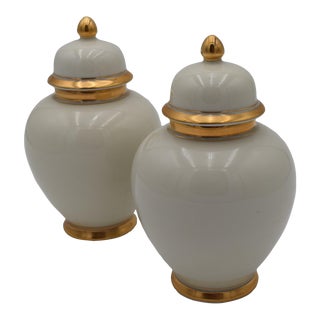 1970s Fitz and Floyd Palais Cream and Gold Ginger Jar - a Pair For Sale