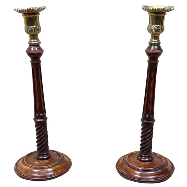 Wood Antique Mahogany and Brass Candlesticks, 1760, Set of 2 For Sale - Image 7 of 10