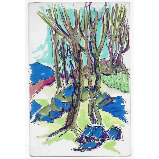 Alexandra Merker (1920-2009) MCM NY landscape painting on glossy heavy paper. Unsigned with estate stamp and inscription...