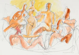 Gerald Wasserman Abstracted Seated Nude Figures in Gouache in Yellow, Gold and Orange, 1998