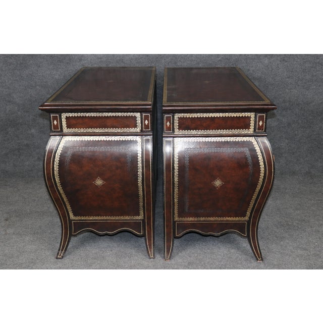 Hollywood Regency Pair Leather Wrapped and Embossed Maitland Smith Commodes For Sale - Image 3 of 14