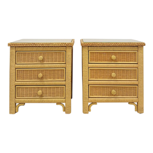 Henry Link Wicker 3-Drawer Pair of Nightstands Vintage Coastal Hollywood Regency
