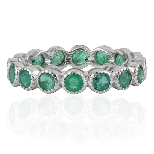 Not Yet Made - Made To Order Certified 2.3 Ct Natural Emerald Milgrain Eternity Wedding / Anniversary Band Ring - Size 9 For Sale - Image 5 of 14