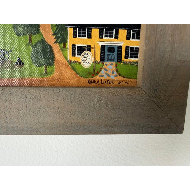 1985 Nancy Lucek Folk Art Village Landscape Oil Painting on Canvas, Framed For Sale - Image 10 of 12