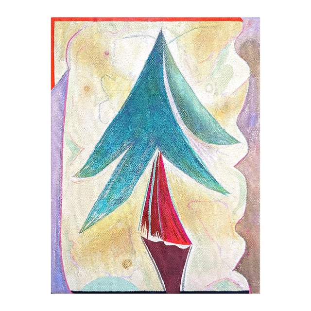 Contemporary colorful painting by Houston-based artist Jessica Simorte. The work features a central abstracted still life...