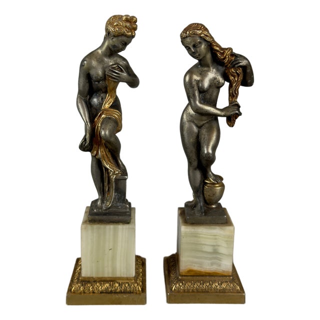 Venus Sculptures in Silver-Plated Brass with Onyx Marble Bases, 1960s, Set of 2 For Sale