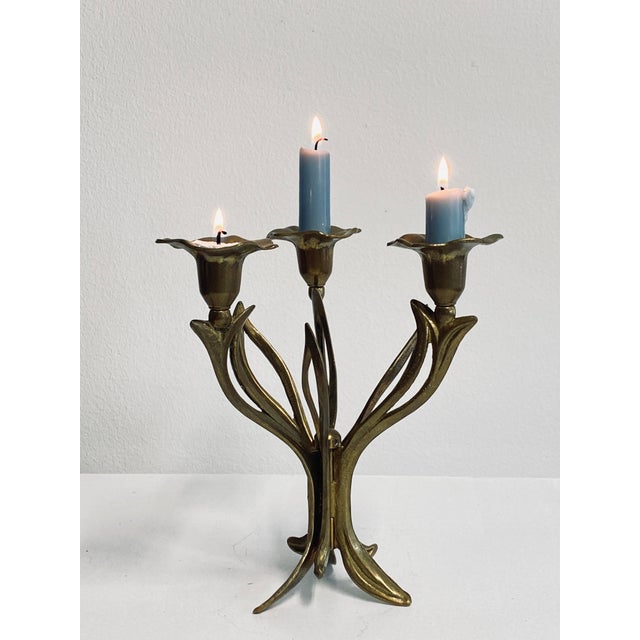 Metal Art Deco Floral Brass Candleholder For Sale - Image 7 of 10