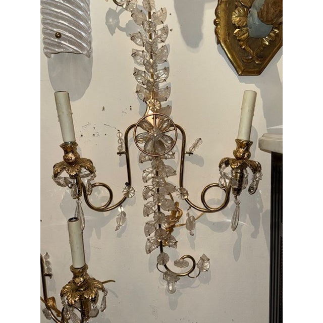 Modern Pair of Maison Bagues Style Rock Crystal and Brass Sconces With 2 Lights For Sale - Image 3 of 6