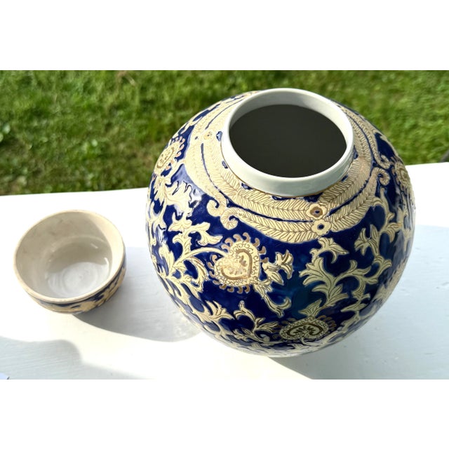 Mid Century Blue and Gold Porcelain Lidded Jar For Sale - Image 9 of 11