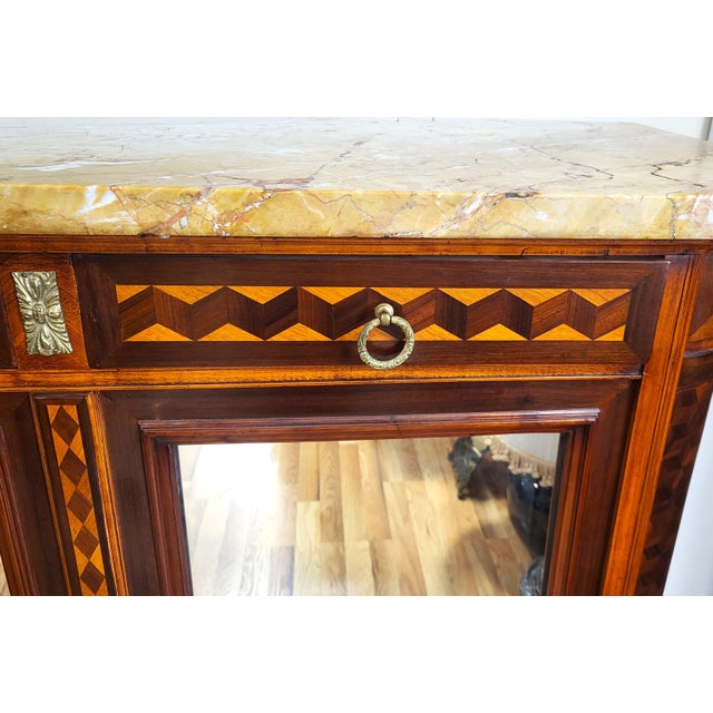 Antique French Louis XVI Inlaid Marble Top & Mirror Door Cabinet Buffet Chest For Sale - Image 11 of 16