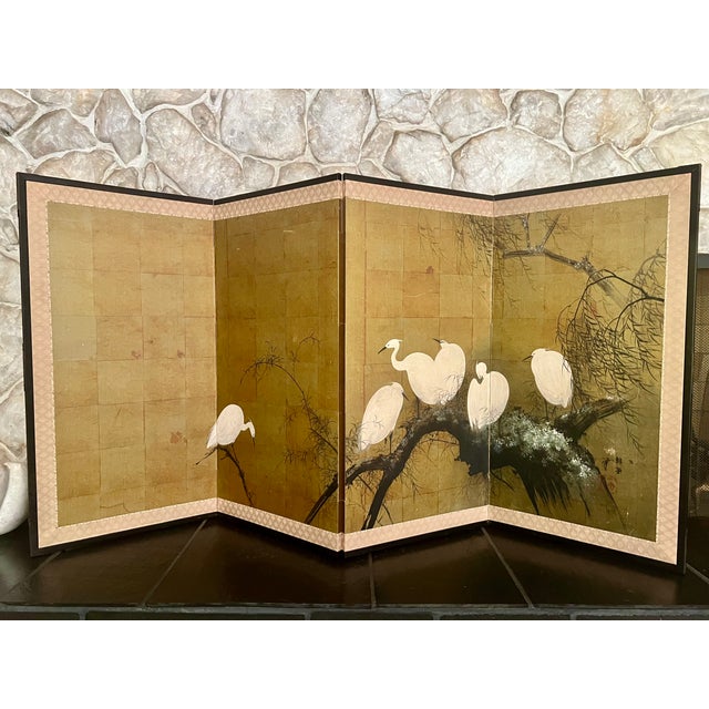 An elegant mid-century Japanese 4-panel byōbu (folding room divider screen) depicting a serene classical scene of white...