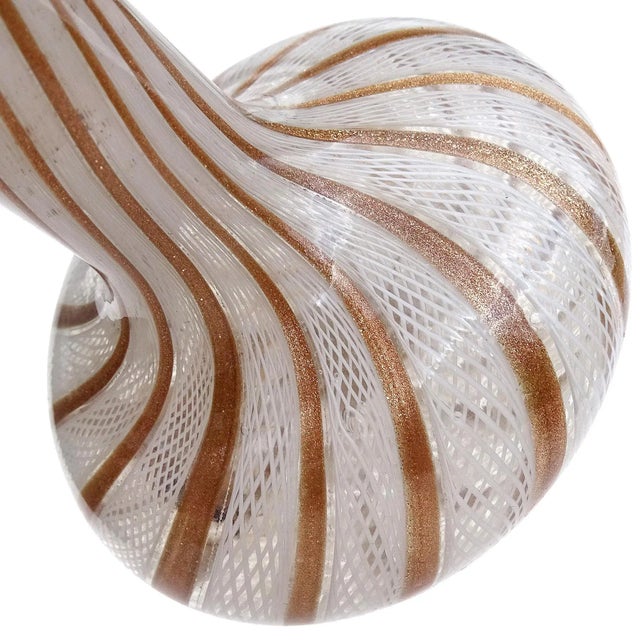 Murano Vintage Fratelli Toso Murano White Copper Aventurine Ribbons Italian Art Glass Soliflore Flower Vase For Sale - Image 4 of 7
