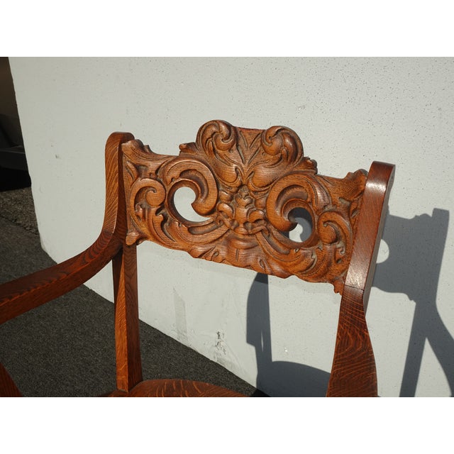 Brown Vintage French Country Brown Oak Carved Arm Chair by Eldredge Co. For Sale - Image 8 of 16
