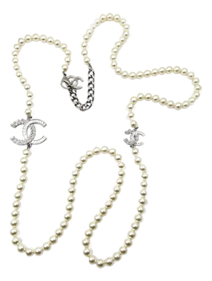 Chanel Silver Mini Flower Crystal CC Pearl Necklace