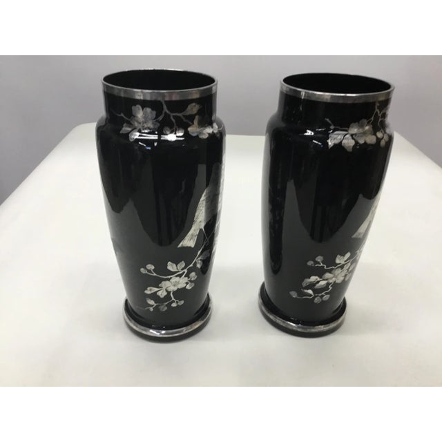 1920s Black Glass Silver Overlay Japanese Style Vases A Pair