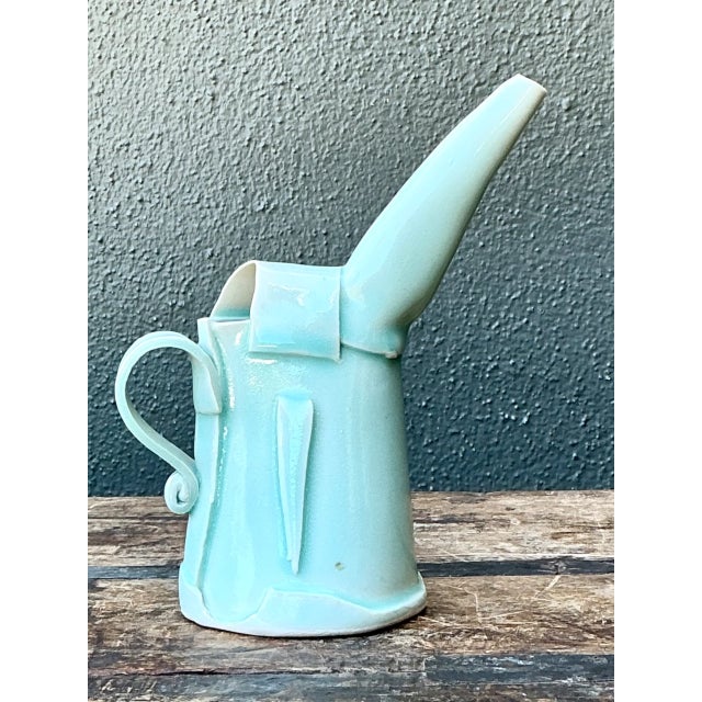 Mid-Century Modern Vintage Aqua Abstract Ceramic Pitcher For Sale - Image 3 of 12