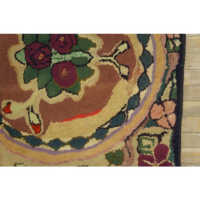 1930s 1930s Tan Camel Floral Folk Art Antique American Hooked Rug 3' 0" X 3' 4" Hand Knotted Wool Carpet For Sale - Image 5 of 6
