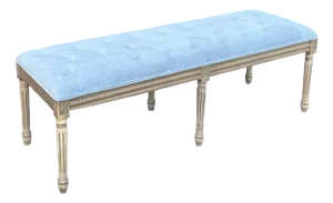 French Louis XVI Style Tufted Upholstered Blue Velvet Bench / Ottoman