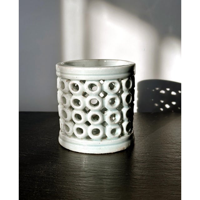 Japanese Korean Reticulated Celadon Brush Holder For Sale - Image 3 of 11