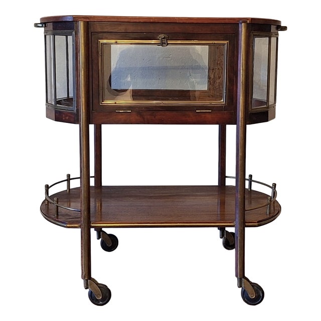 Art Deco Serving Bar Cart in Mahogany, Brass and Glass, 1920s For Sale