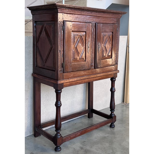 Spanish 19th Catalan Spanish Cabinet on Stand in Carved Walnut and Iron Stretcher For Sale - Image 3 of 12
