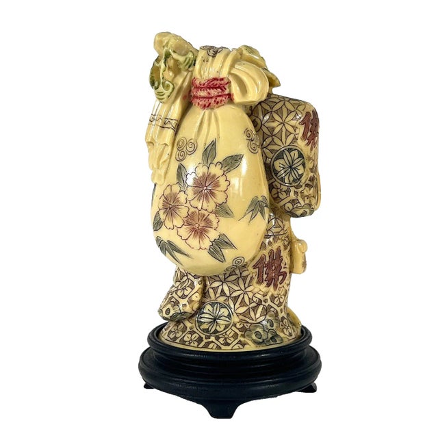 Chinoiserie Antique Faux Ivory Standing Laughing Buddha - Ho Tei, Budai on Carved Wood Stand For Sale - Image 3 of 8