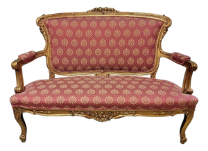 French Louis XV Style Giltwood Carved Settee With Original Damask Upholstery, Mid-20th Century