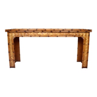 Vintage Basket Weave Woven Rattan Console Table For Sale