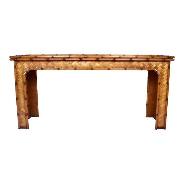 Vintage Basket Weave Woven Rattan Console Table For Sale