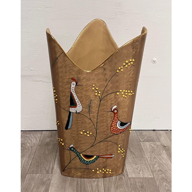 DERUTA Made in Italy, ca. 1950. Umbrella stand in brown glazed ceramic decorated with mimosa branches in relief,...