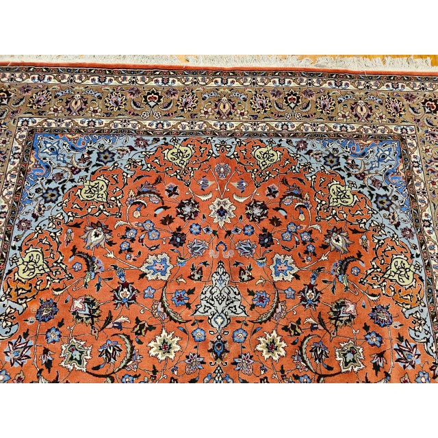 Textile Persian Tabriz Rug, Hand-Knotted Wool & Silk, Fine Floral Pattern, Terracotta & Blue, 7x10 For Sale - Image 7 of 14