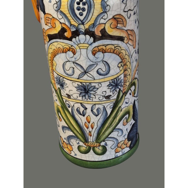 Late 20th Century Crackle Ceramic Italian Ewer Pitcher Multi Color Tuscan Deruta Motif For Sale - Image 6 of 10