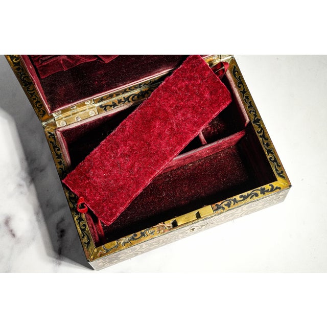 Stately Victorian Antique Ebonized Wood & Brass Boulle Inlaid Lady’s Dressing Box With Sterling Silver Crystal Bottles Home Decor For Sale - Image 14 of 18
