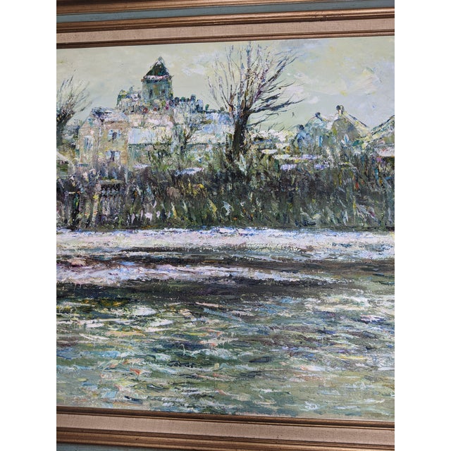 This large original oil on canvas by artist H. Rogers captures a serene winter landscape rendered in a highly...
