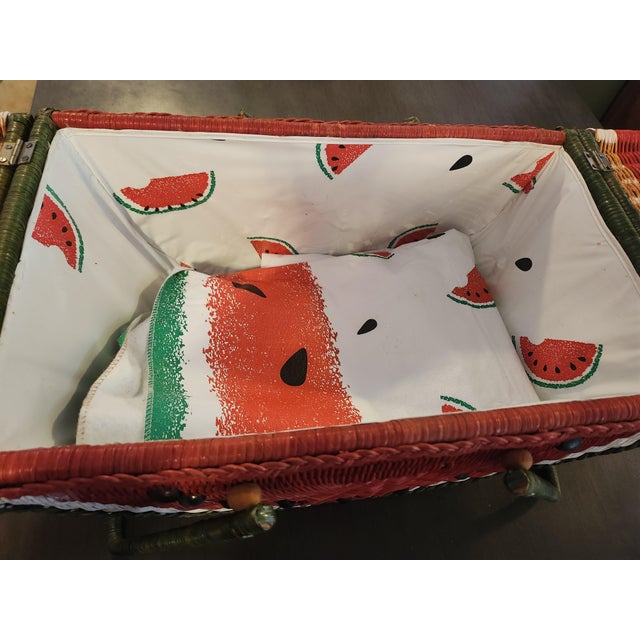 1980s Vintage Boho Chic Watermelon Wicker Picnic Basket & Matching Tablecloth Set - 2 Pieces For Sale - Image 10 of 11