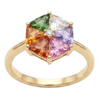 Natural 18k Gold Multi Sapphire Diamond Halo Cocktail Ring, New For Sale
