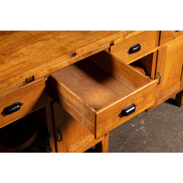 Early 20th Century Walnut Industrial Workbench With Swing-Out Stools For Sale - Image 13 of 18