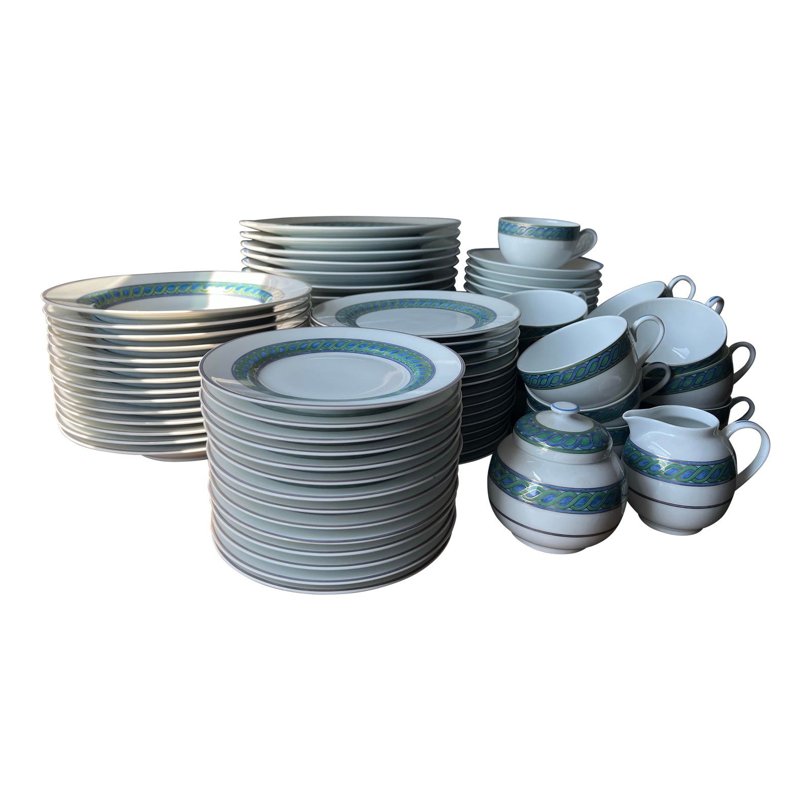 1990s Christofle Paris China Torsade Bleue Pattern Dinnerware Set