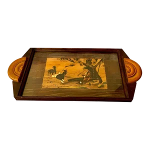 1920's Antique French Art Deco "Flutist and His Dancing Goats" Exotic Inlaid Signed Serving Tray