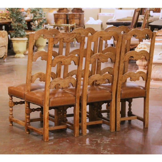 Set of 6 French Louis XIII Oak Ladder Back Dining Chairs With Leather Seats For Sale - Image 10 of 11