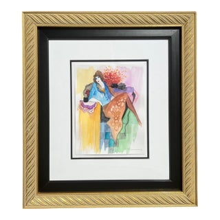 Itzchak Tarkay Original Watercolor Painting "Thinking of Love" - Signed & Framed For Sale