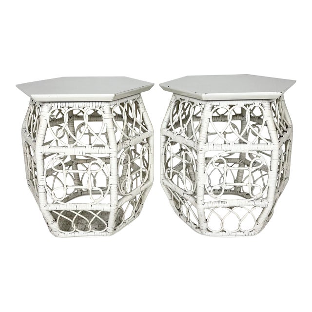 Vintage Chinoiserie Rattan Garden Stools Accent Tables- a Pair For Sale