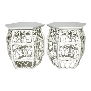 Vintage Chinoiserie Rattan Garden Stools Accent Tables- a Pair