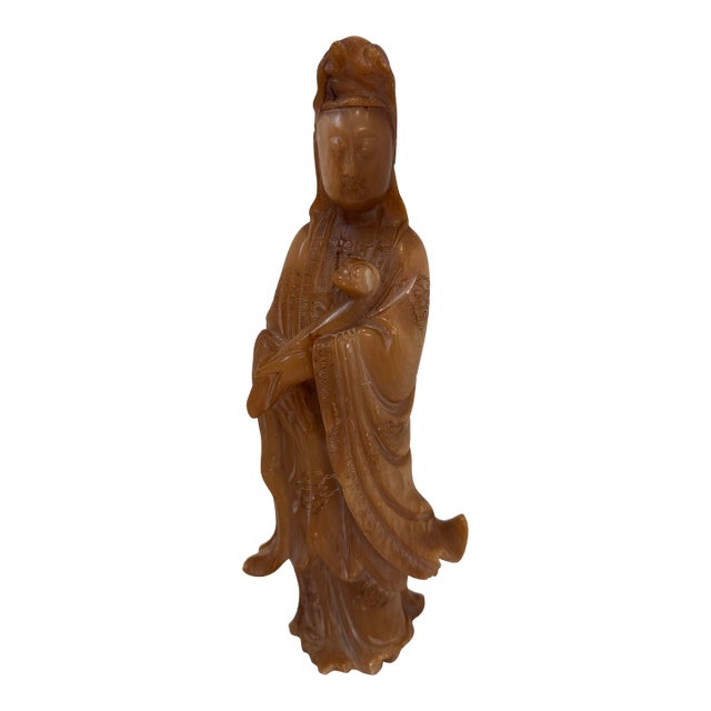 Vintage Hand-Carved Soapstone Guanyin Statue For Sale